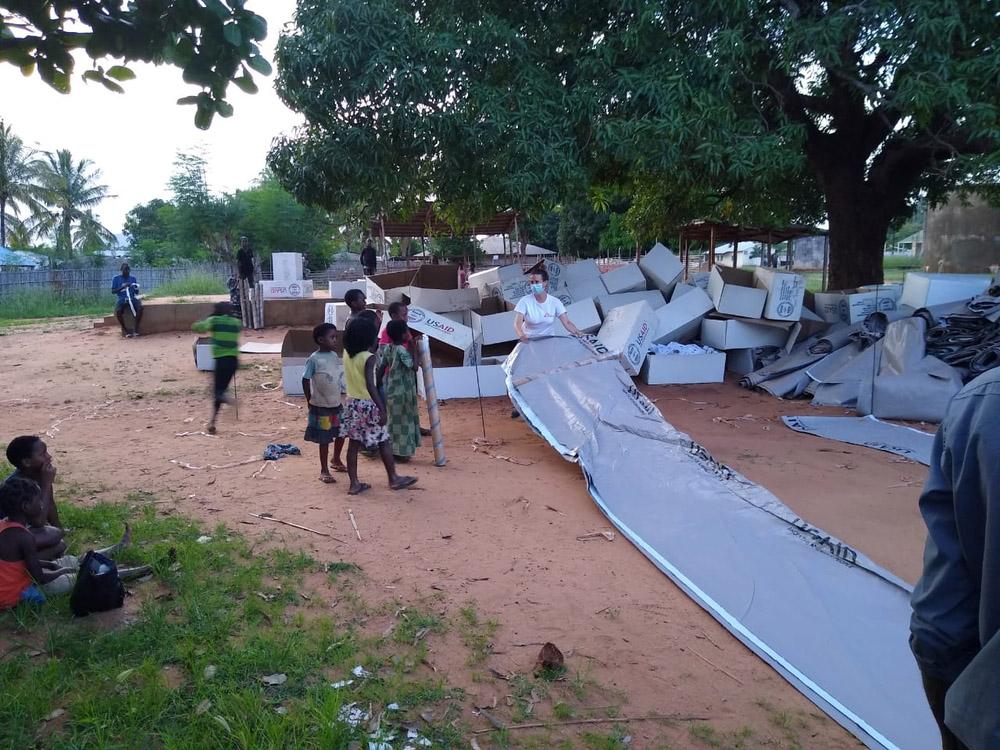A picture of our teams setting up to give out essential relief items in Cabo Delgado