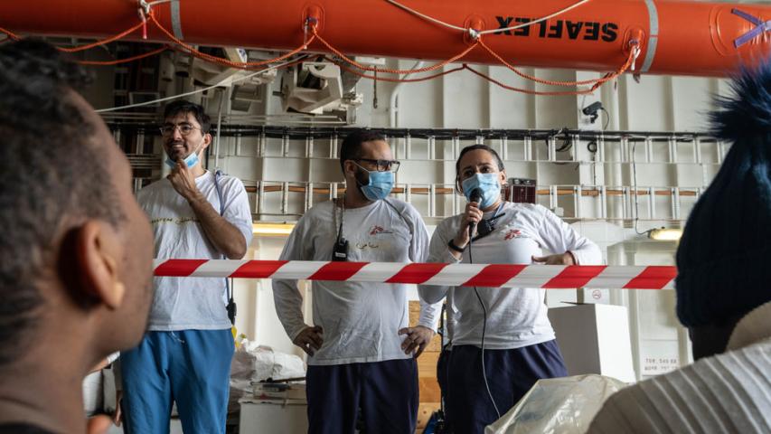 MSF Teams welcome survivors onboard the Geo Barrent