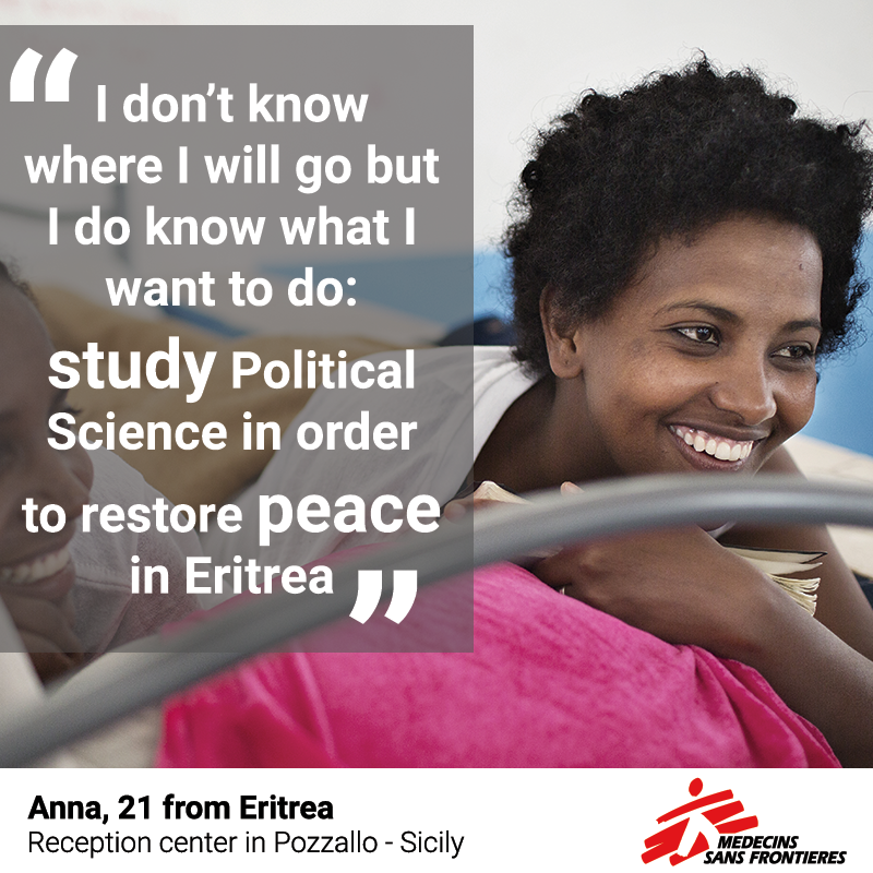 Anna, 21, from Eritrea, arrived in the Sicilian port of Pozzalo on a boat from Libya. “I want to study and bring peace back to my country” she said to MSF staff in the reception centre in Pozzallo. Photo: Alessandro Penso