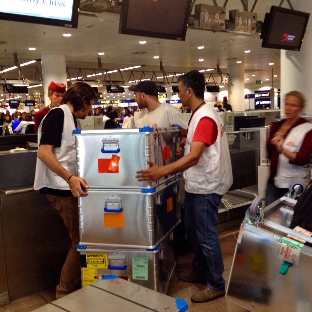 MSF teams checking in 800 kg of medical material at the Brussels airport on their way to Nepal. Photo:Joffrey Monnier