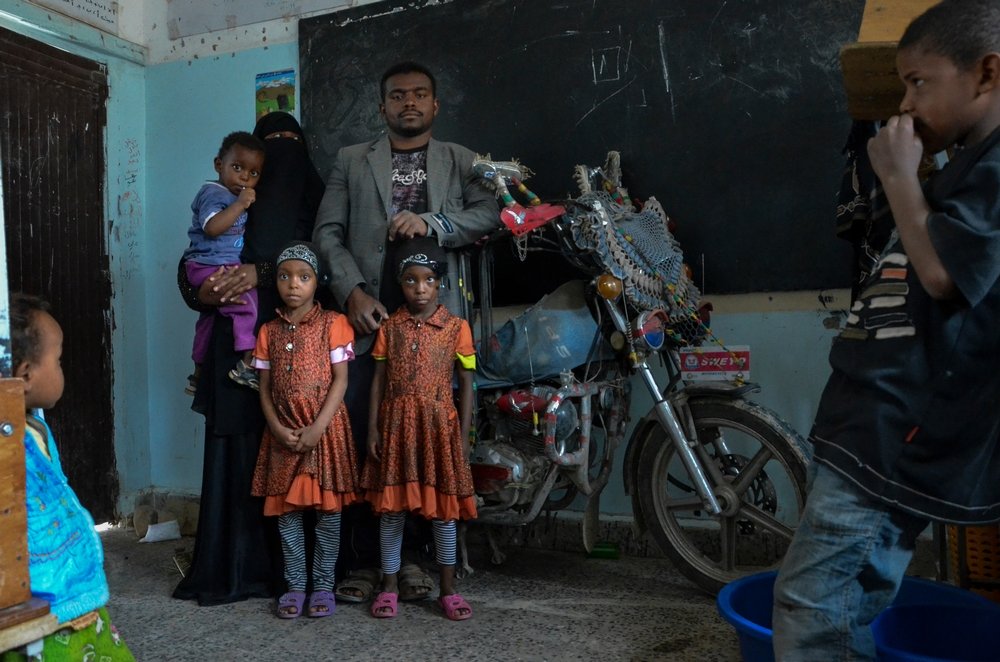 Mazen Abdu of Sa’ada, his wife and three children escaped Sa’ada on his motorbike. Photo: Malak Shaher
