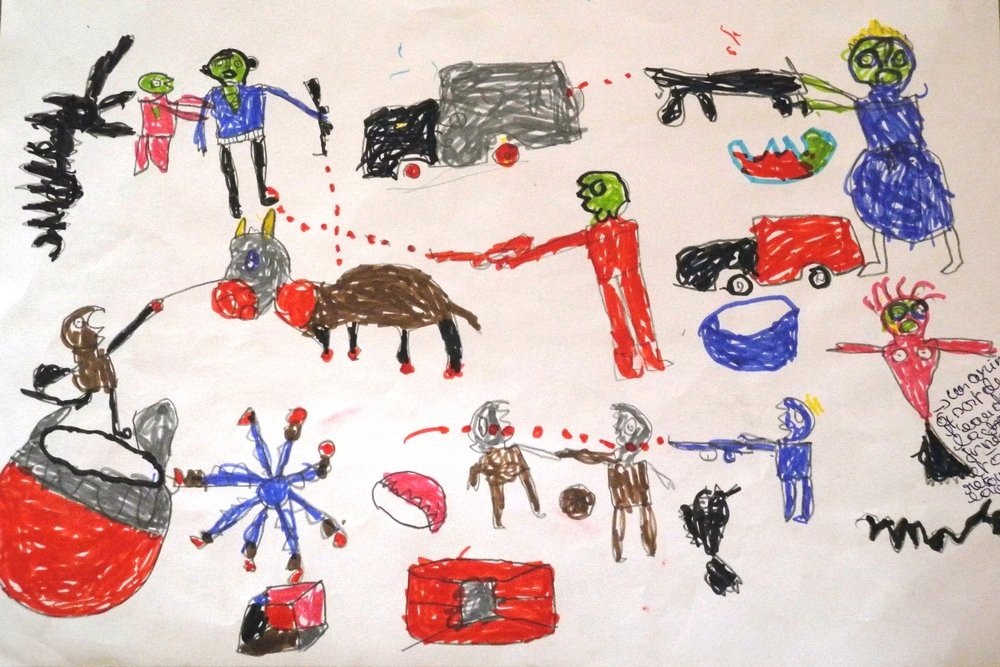 A picture by a 12 year old boy, a Nigerian refugee who fled Boko Haram attacks. This drawing was done in the workshop that the MSF mental health team conducts for children in the Dar Es Salaam refugee camp in Chad. Photo: MSF