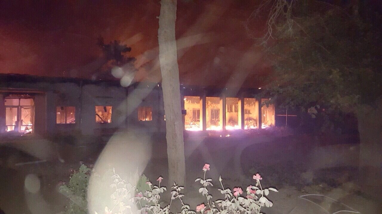 MSF trauma centre in Kunduz burns after airstrike Fires burn in the MSF emergency trauma hospital in Kunduz, Afghanistan, after it was hit and partially destroyed by missiles 03 October 2015. Photo: MSF