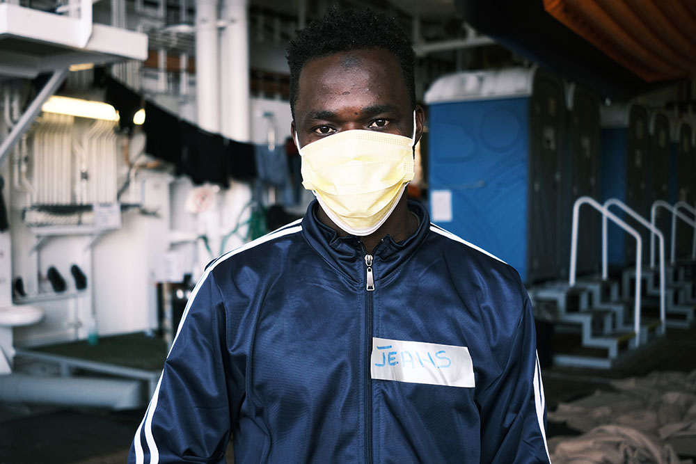 Jeans from Côte d'Ivoire poses for a portrait on board the Geo Barents, a rescue ship operated by MSF. Rotation 8. Central Mediterranean Sea, March 2022.