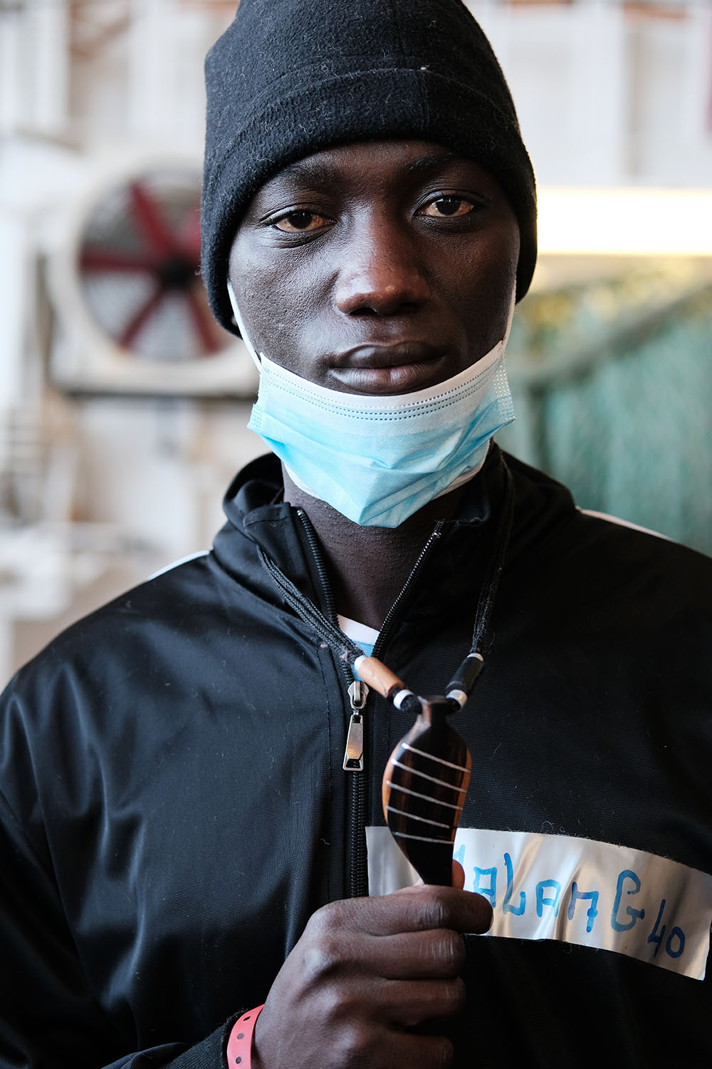 Malang Kondjira - 18 - Senegal, poses for a photo on the Geo Barents, a rescue ship operated by Medecins Sans Frontieres. Rotation 8. Central Mediterranean Sea, March 10, 2022.