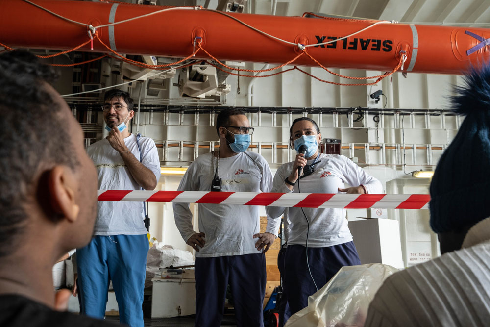 MSF Teams welcome survivors onboard the Geo Barrent