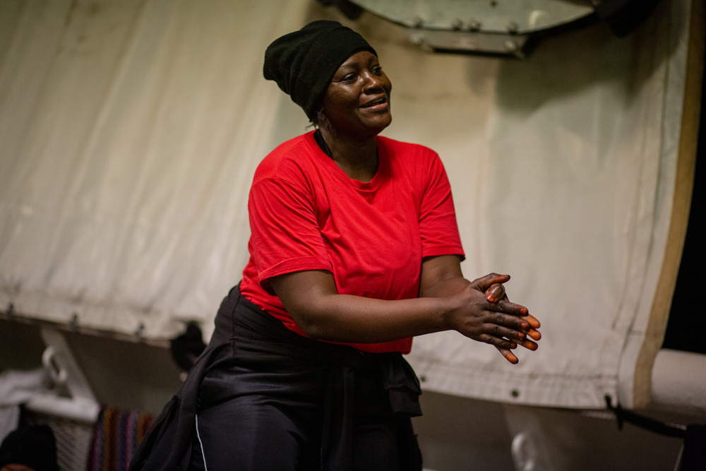 Christelle onboard the Geo barrent dancing