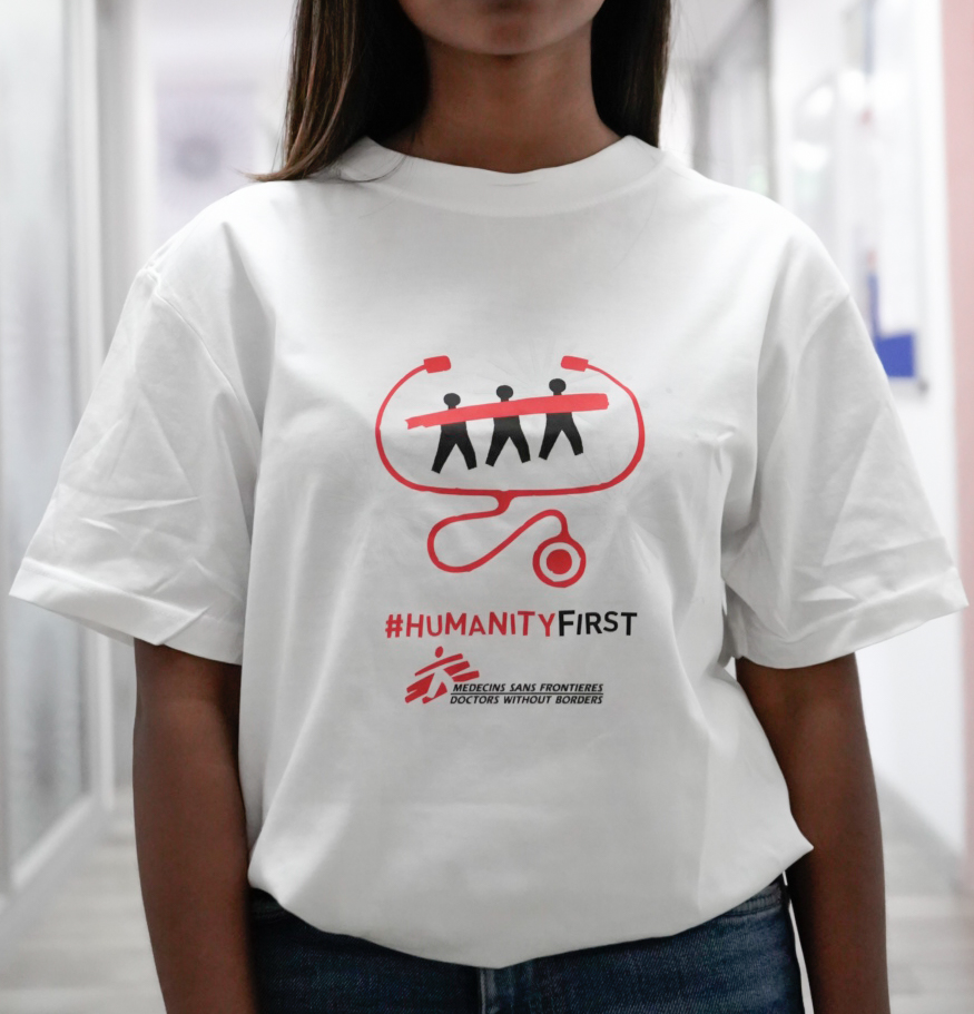 Round-neck T-shirt white-front. Order now on the form below