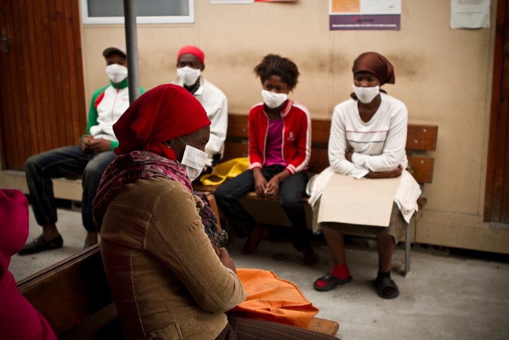 Patients co-infected with HIV and drug-resistant (DR) TB sit waiting to receive medication in the MSF-supported Ubuntu clinic in Khayelitsha, Cape Town