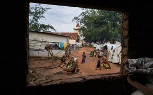 View on the mosque from the school of the mosque, now a room where three large families of IDPs sleep. 