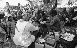 Vaccination campaign under a tree in a refugee camp in the mountains.
