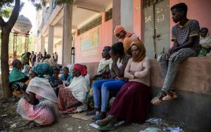 Displaced people wait at Tsegay Berhe school, in the city of Adwa in central Tigray. 2021