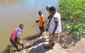 Fetching water in the river in Mbire, Zimbabwe. Contaminated water can cause cholera. 