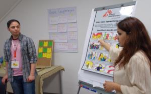 Psychosocial group session “How to deal with stress” in the first reception center in Schweinfurt with Salah Al-Hamada and Parisa Zare Moayedi; participants from Afghanistan 