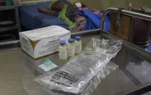 Vials of Amphotericin B and related supplies which is used to treat Cryptococcal Meningitis  Aisha Diabate 30 years (background) arrived at Donka Hospital with the husband of her sister who is a doctor from Coleah health centre in Conakry.