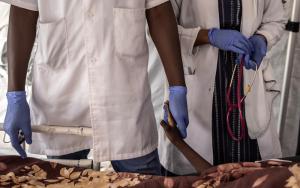 A doctor and nurse standing beside patient's bedside, one holding patient's hand, palliative care