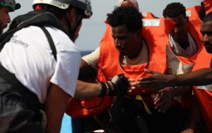 A man is helped into the rescue MSF boat. As part of our Mediterranean migration response we rescued 96 people from the Central Mediterranean in September 2024. 