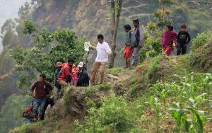 A pregnant woman who was in labour being evacuated by MSF teams who are conducting medical clinics in the districts of sindhupalchowk, Dhading, Rasuwa and Dolaka. 