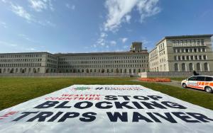 View of the banner deployed by MSF in front of the World Trade Organization (WTO) in Geneva. March 04 2021