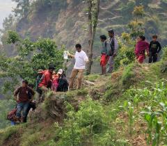 A pregnant woman who was in labour being evacuated by MSF teams who are conducting medical clinics in the districts of sindhupalchowk, Dhading, Rasuwa and Dolaka. 