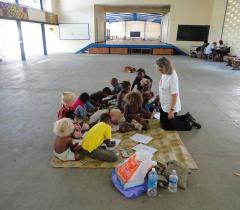 MSF psychologist Cynthia Scott runs mental health activities with children in the temporary evacuation shelters in Honiara, capital of the Solomon Islands, after devastating flash floods in early April displaced people from their homes. 