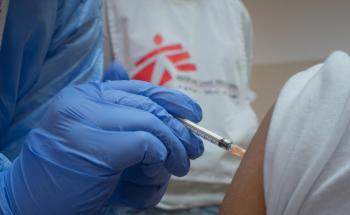 MSF nurse gives COVID-19 vaccination at an Elderly Nursing Home In Chlifa Baalbak, Lebanon. Vaccines are supplied by MoPH. 