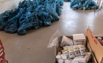 A store room containing medications and care packages which are distributed to vulnerable populations around Johannesburg by fieldworkers working with MSF. 