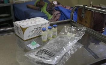 Vials of Amphotericin B and related supplies which is used to treat Cryptococcal Meningitis  Aisha Diabate 30 years (background) arrived at Donka Hospital with the husband of her sister who is a doctor from Coleah health centre in Conakry.