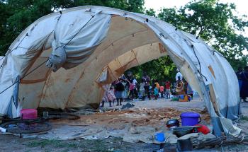 A tent is seen at Bangula camp where people displaced by Tropical Cyclone Ana are residing. MSF is providing WASH facilities at the camp. 