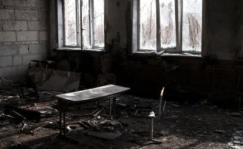 UKRAINE. Pisky. 22 February 2022. A school destroyed during the fighting. MSF has been working in eastern Ukraine for the last eight years, trying to improve access to health care for remote, conflict-affected populations. 