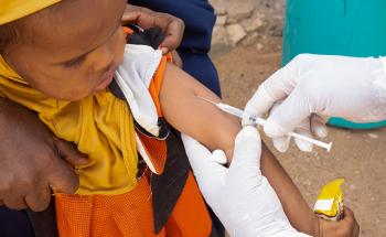A young girl receiving measles vaccine in Odweyne district, Somaliland.