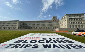 View of the banner deployed by MSF in front of the World Trade Organization (WTO) in Geneva. March 04 2021