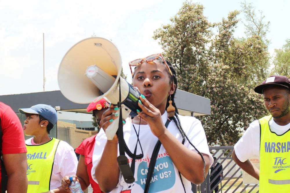 Candice Sehoma, Access Campaign Advocacy Officer outside Johnson and Johnson offices in Midrand South Africa