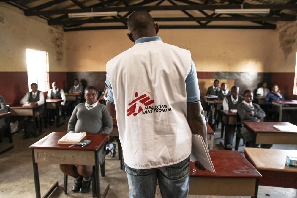 Learners of Hhashi High School in the remote Umlalazi Municipality under Uthungulu Districtict in KwaZulu-Natal receiving HIV Counselling and Testing at Doctors Without Borders (MSF) Mobile 1-Stop Shop.