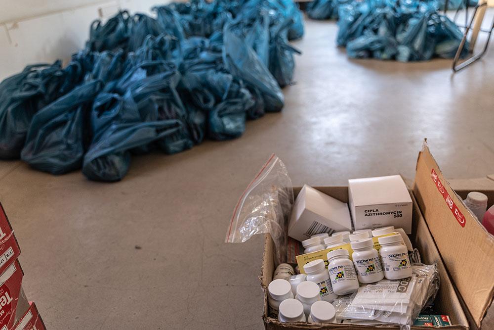 A store room containing medications and care packages which are distributed to vulnerable populations around Johannesburg by fieldworkers working with MSF. 