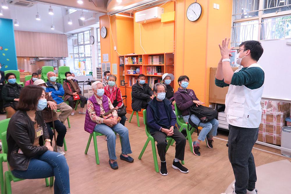 The MSF team is conducting a health education session with elderly in Hong Kong on the importance of prevention measures, such as frequent hand washing, to avoid infection with the COVID-19. 