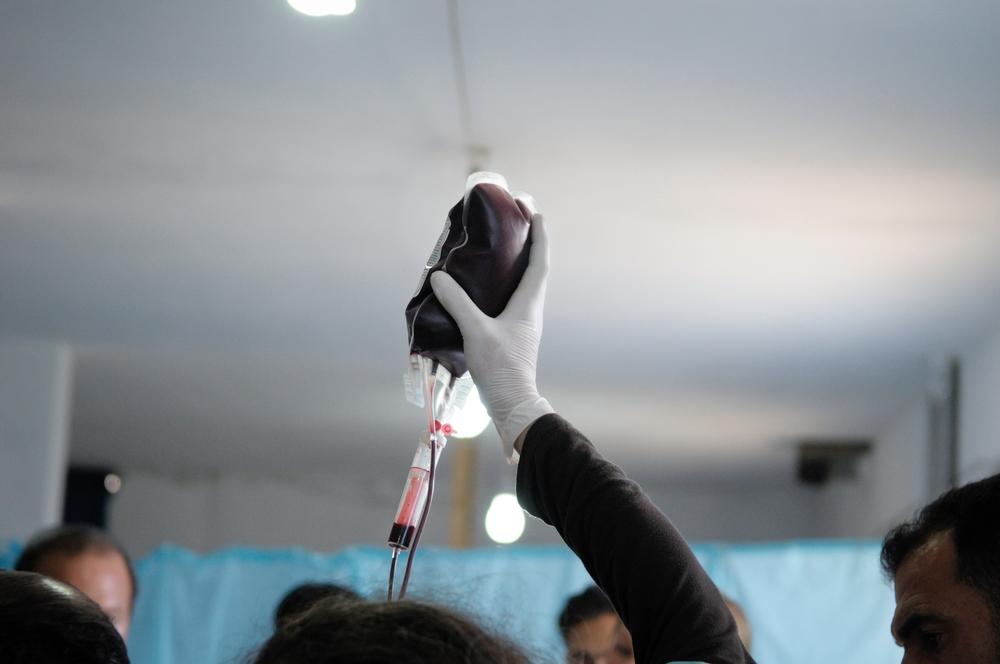 A blood bag in the ER makeshift hospital in Syria