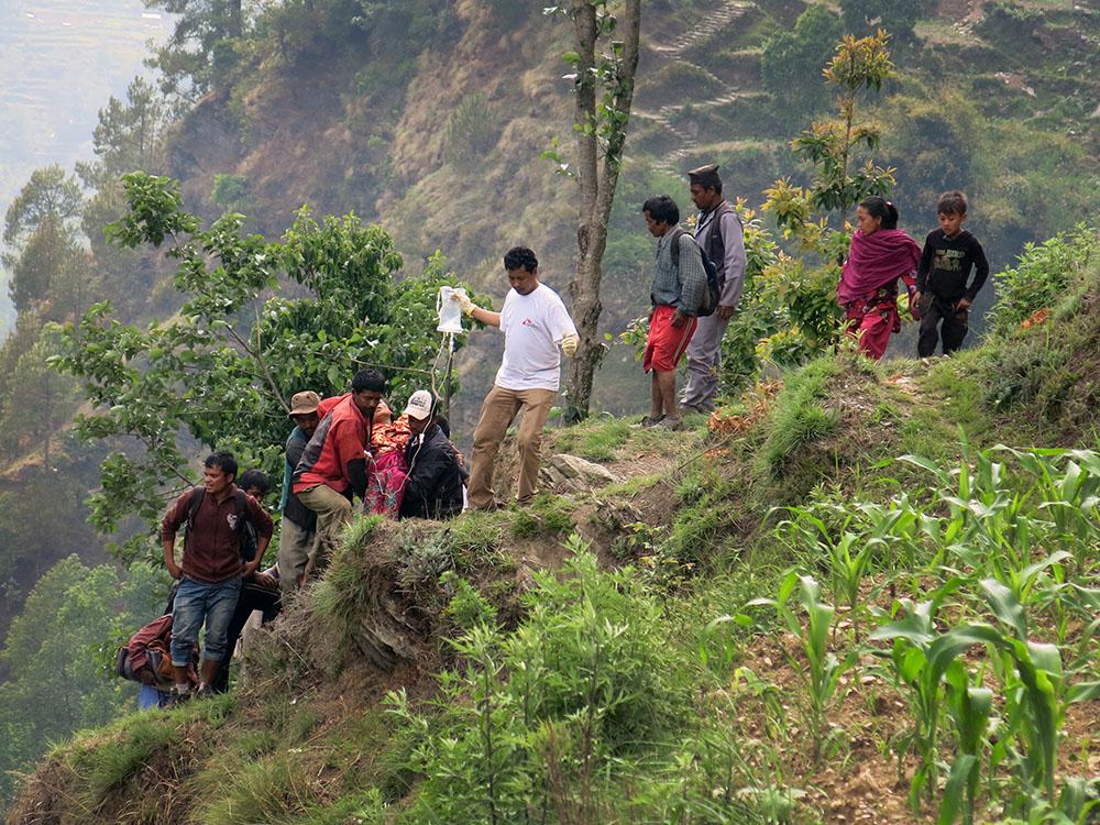 A pregnant woman who was in labour being evacuated by MSF teams who are conducting medical clinics in the districts of sindhupalchowk, Dhading, Rasuwa and Dolaka. 