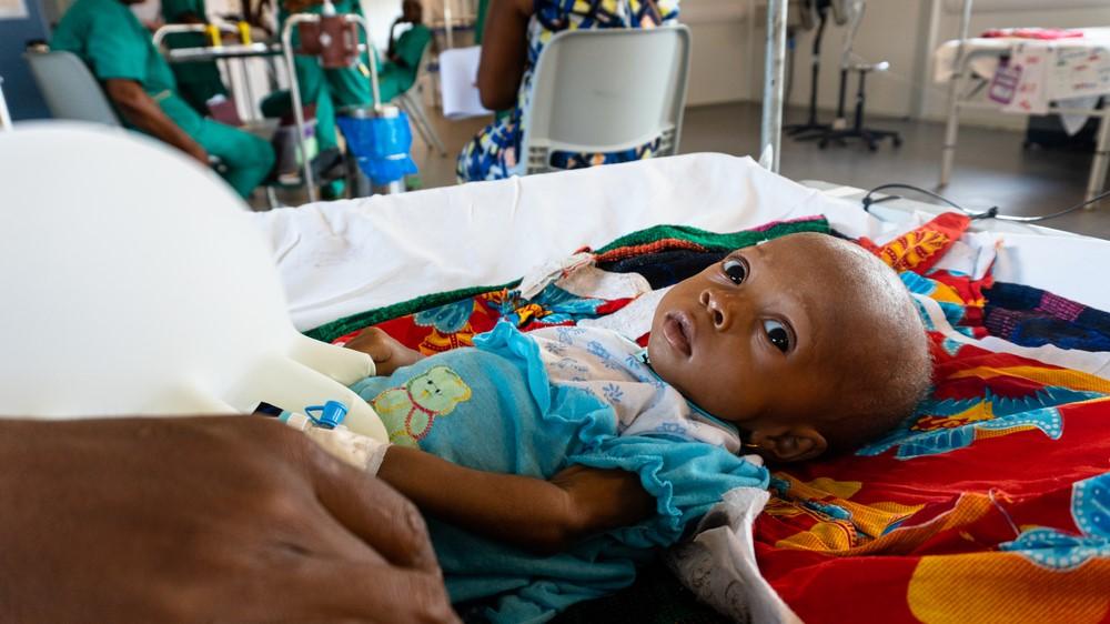 Six-month-old Iye Lamin at one of the two inpatient therapeutic feeding centres at MSF's new hospital in Hangha, Sierra Leone.