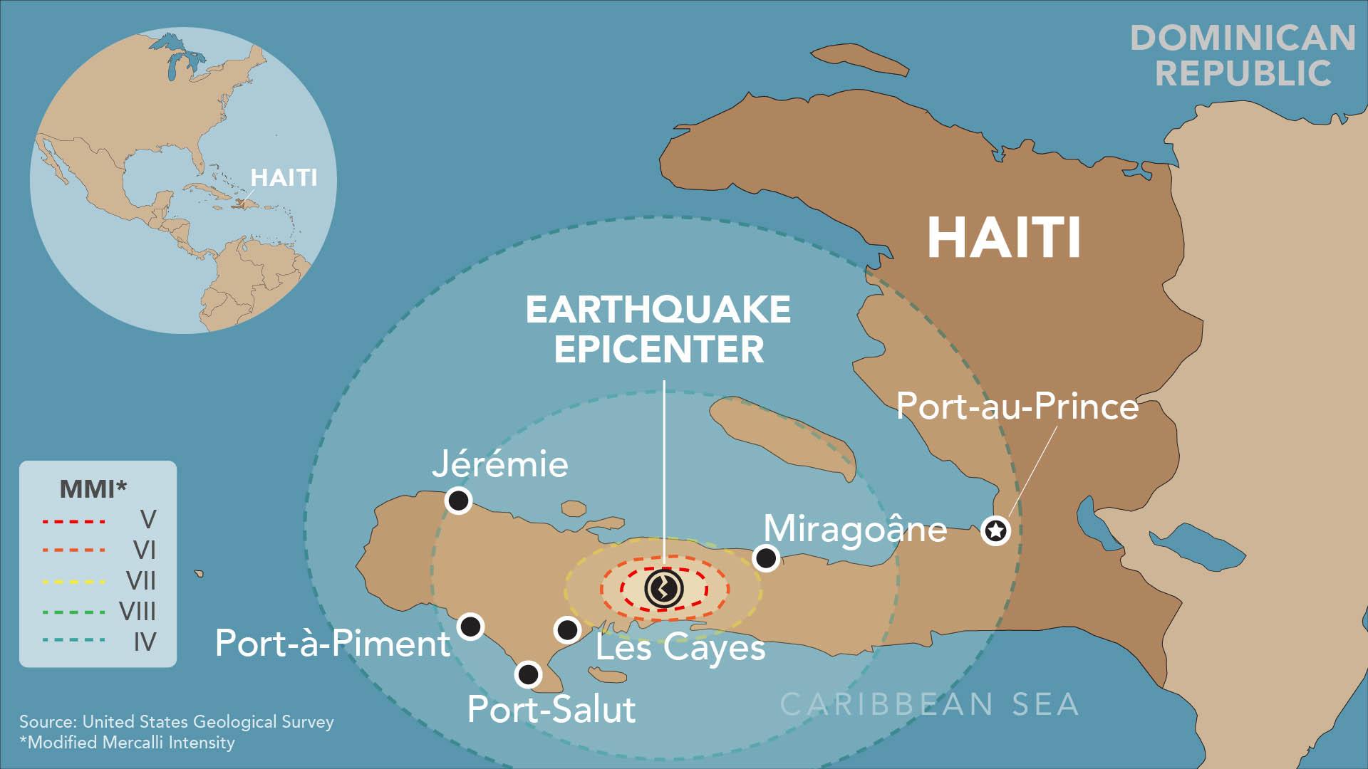 A map of August 2021 earthquake and MSF supported areas. Haiti, 16 August 2021. 