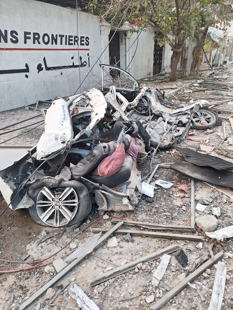 Image of an MSF Convoy attacked in Gaza, Palestine, by the IDF, Israeli army. 