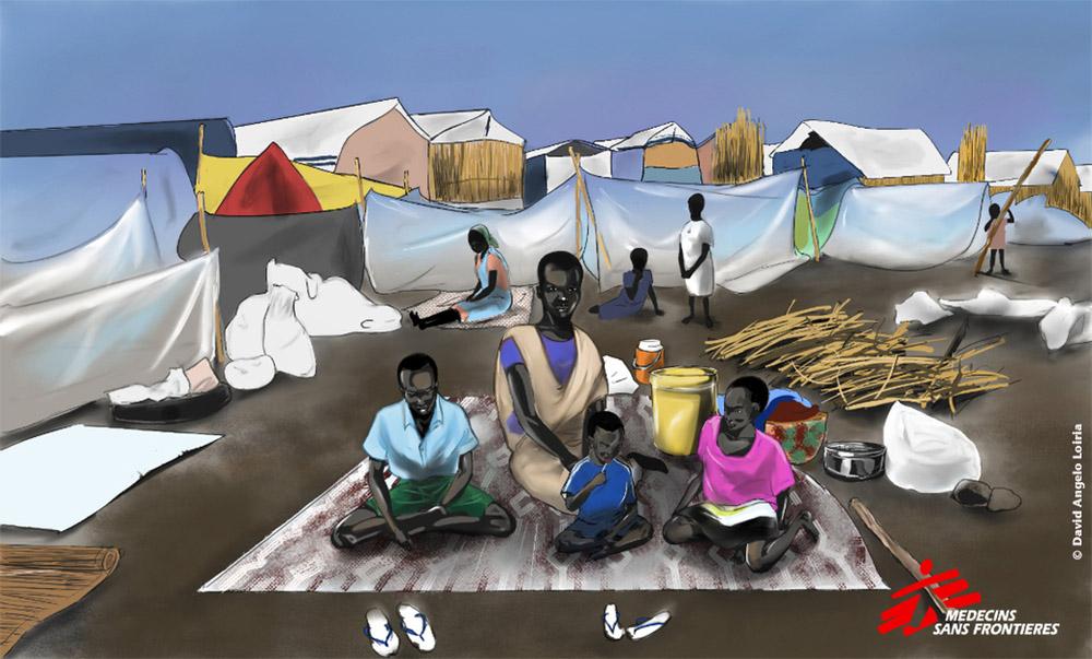 Graphic showing displaced family in Bentiu camp in South Sudan