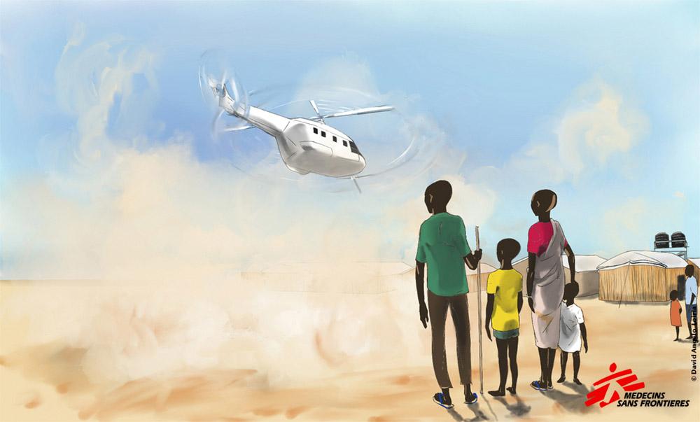 a graphic of children watching a helicopter in Bentiu, South Sudan