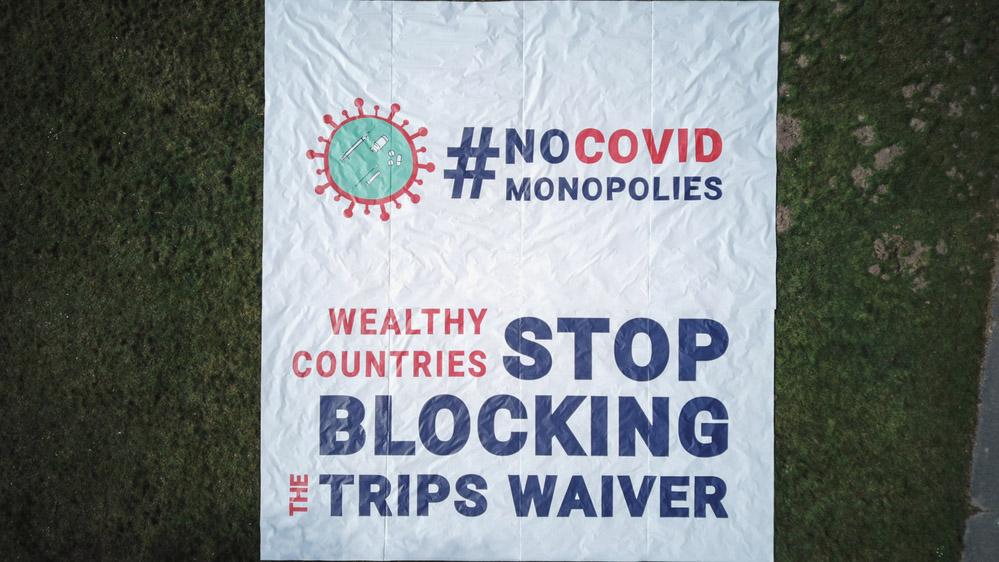 Aerial view of the banner deployed by MSF in front of the World Trade Organization (WTO) in Geneva