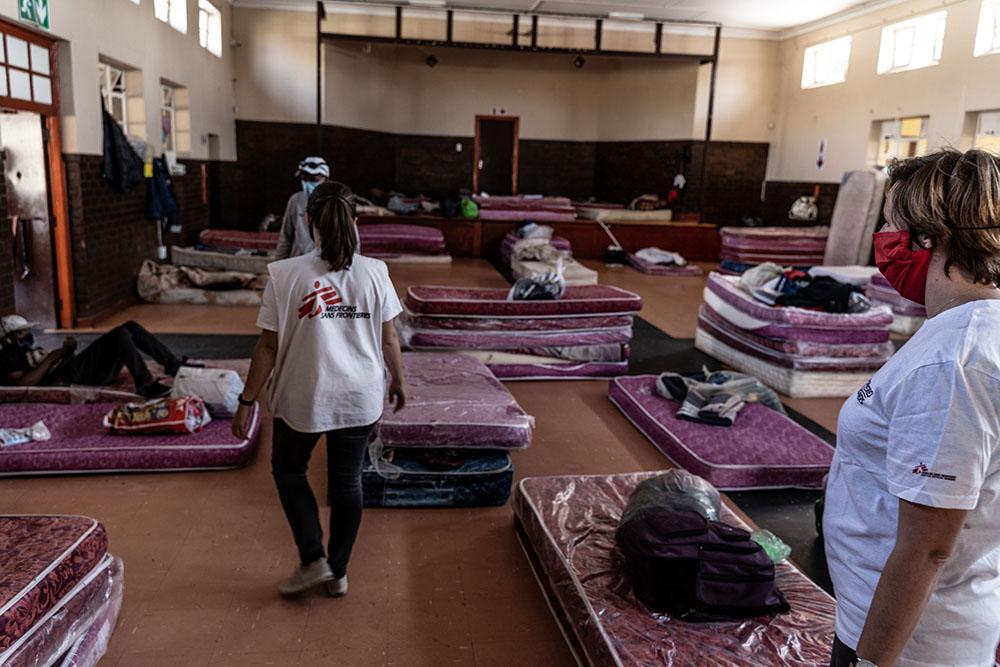 An MSF team inspect a hall at a homeless shelter in Johannesburg to see whether there are any people who may need to see the medical staff who have set up a mobile clinic for the day at the shelter as part of MSF's response to the COVID-19 Pandemic in South Africa. 