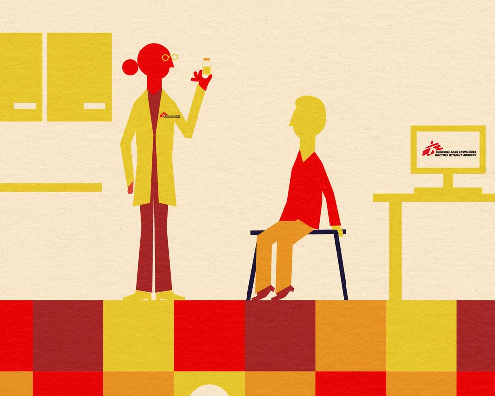 An animated picture showing MSF staff administering diabetes treatment