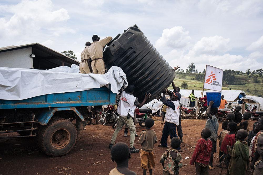 WASH (Water, sanitation and Hygiene) activities by MSF teams in Rhoe camp. After successive attacks in the region forced more than 40,000 additional people to take refuge in the Rhoe site in 2 months, bringing its population to more than 65,000 displaced, MSF increased WASH activities to provide clean water and latrines to displaced people in the camp. 