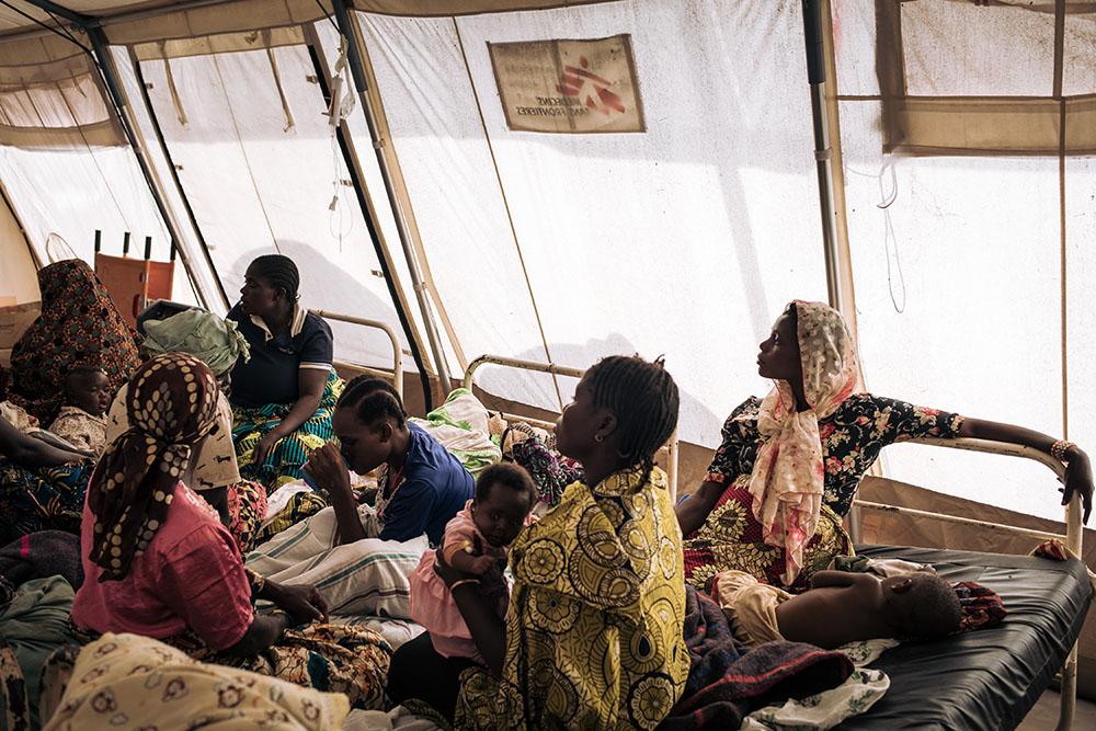 Paediatic ward under tents of the health center managed by MSF of Rhoe camp. After the violent attacks of Drodro village in November 2021, the population was forced to flee and the health workers had to abandon the general referral hospital where MSF was working to take refuge in the Rhoe site, bringing its population to more than 65,000 displaced.
