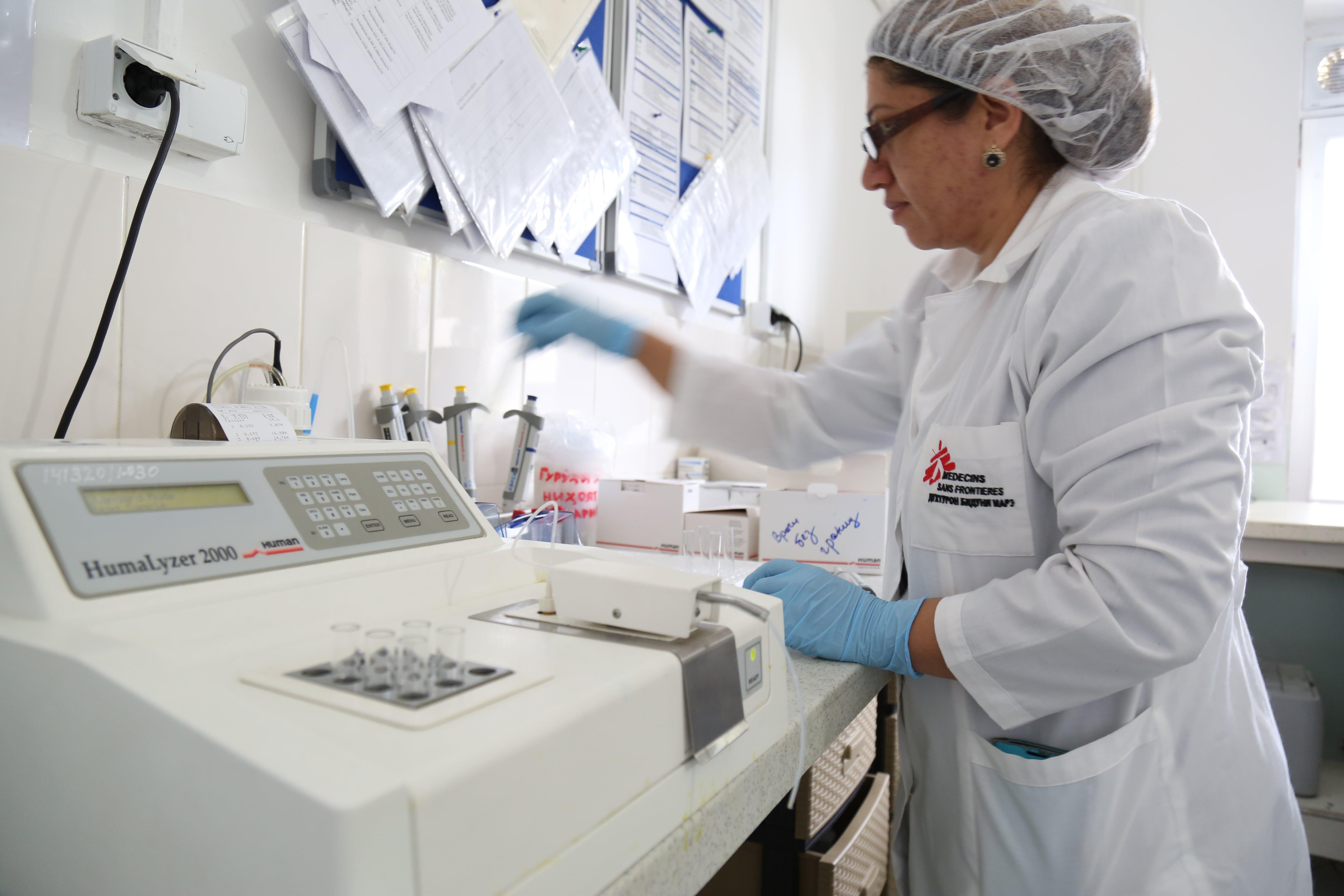 Drug-Resistant TB in Tajikistan: One of the most difficult aspects of peadiatric TB care is diagnostics. MSF supports laboratory activities in Dushanbe to assist in all stages of diagnosis. Here, a member of an MSF team prepares samples for testing.