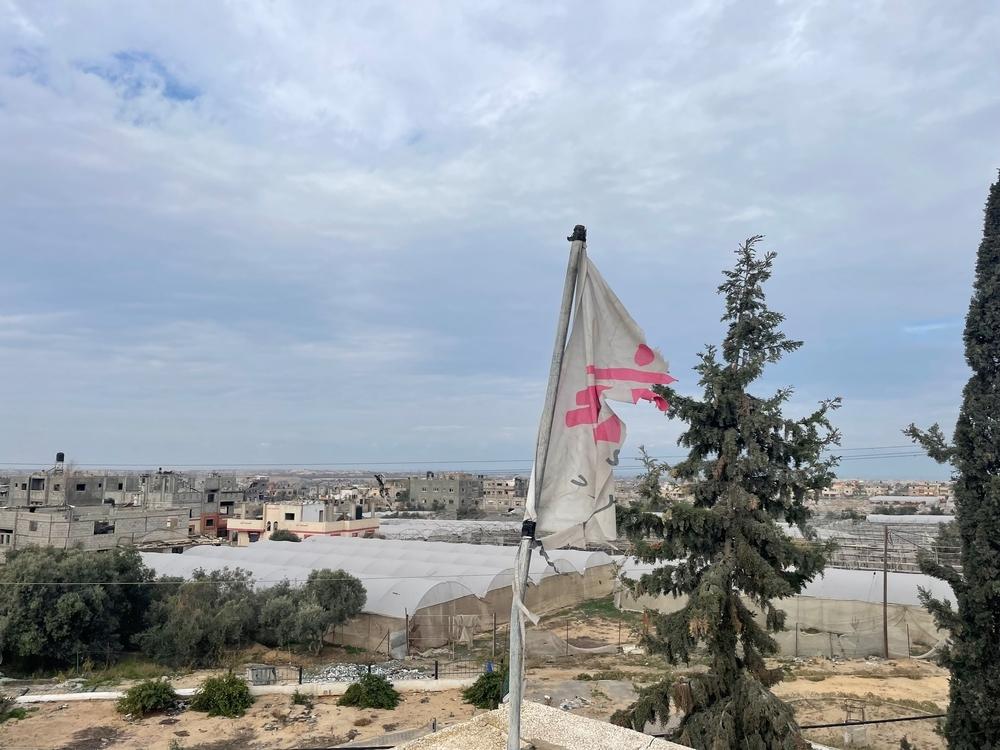 Ripped MSF flag from the Shabboura clinic, Rafah city, southern Gaza, Palestine.